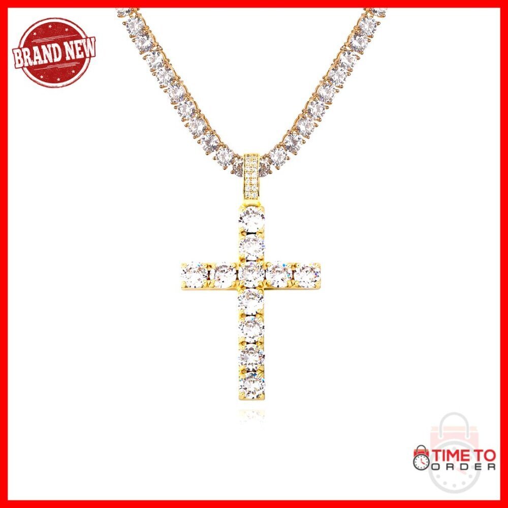 14K Gold Plated Cross Pendant Necklace with Cubic Zirconia, 24" Chain